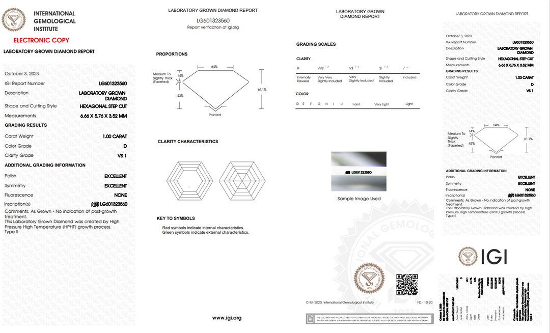 IGI CERTIFIED 1.00 CT HEXAGONAL CUT LAB GROWN DIAMOND - VS1/D COLOR