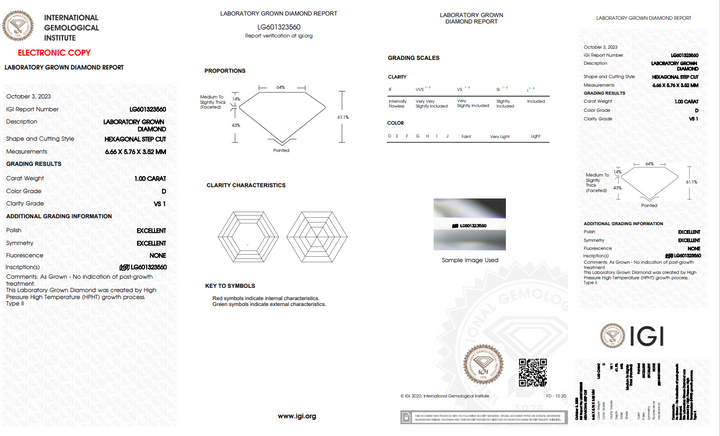 IGI CERTIFIED 1.00 CT HEXAGONAL CUT LAB GROWN DIAMOND - VS1/D COLOR