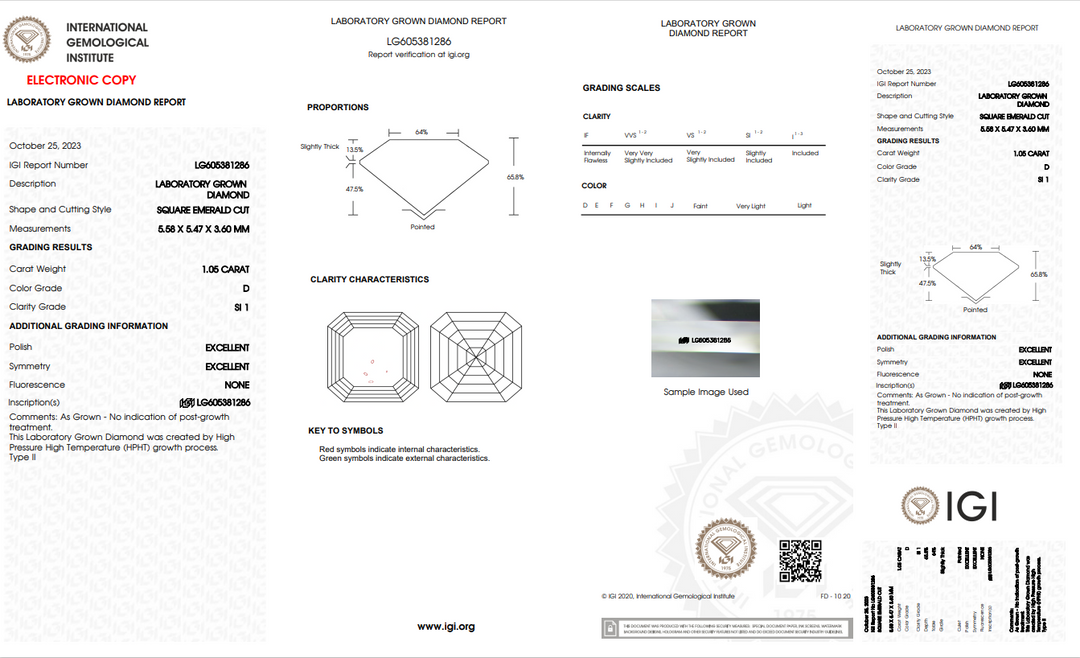 DIAMANT DE LABORATOIRE ÉMERAUDE CARRÉ DE 1,05 CT CERTIFIÉ IGI - CLARTÉ SI1 - COULEUR D