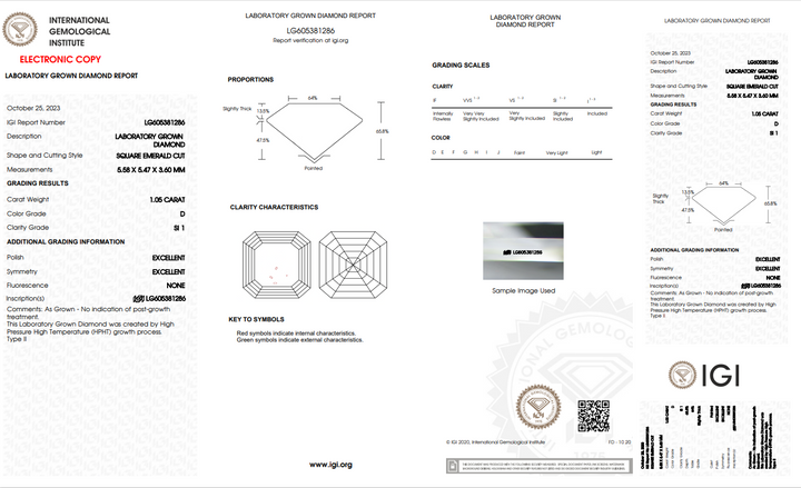 DIAMANT DE LABORATOIRE ÉMERAUDE CARRÉ DE 1,05 CT CERTIFIÉ IGI - CLARTÉ SI1 - COULEUR D