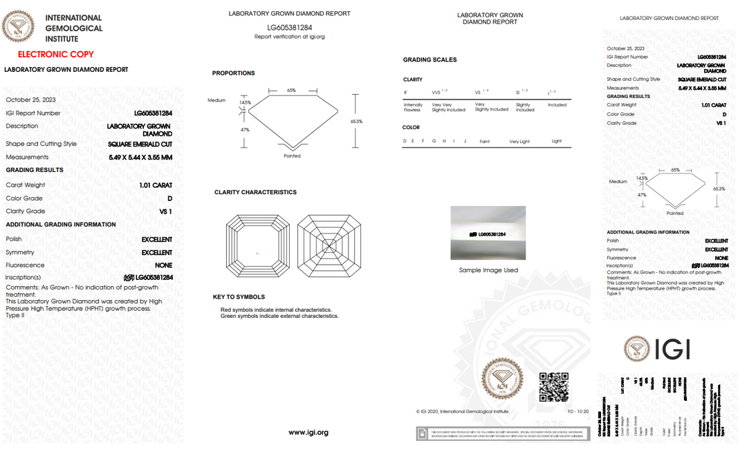 IGI CERTIFIED 1.01 CT SQUARE EMERALD LAB-GROWN DIAMOND, VS1 CLARITY, D COLOR