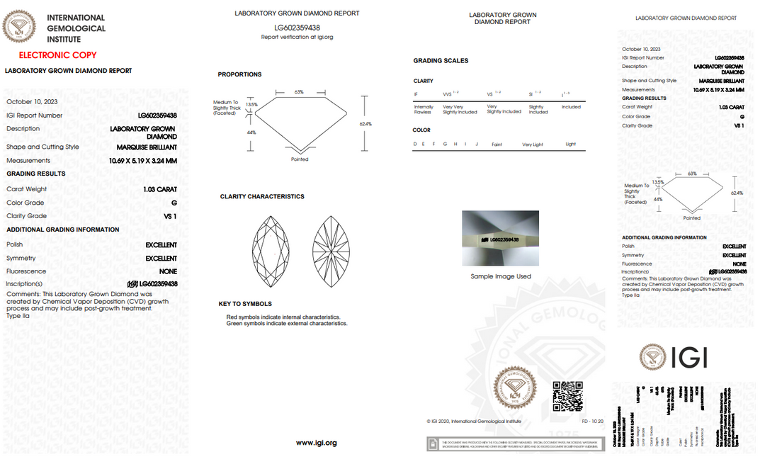 IGI CERTIFIED 1.03 CT MARQUISE LAB GROWN DIAMOND, VS1 CLARITY, G COLOR