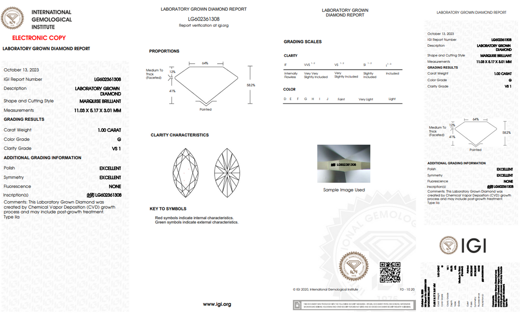 IGI CERTIFIED 1.00 CT MARQUISE LAB-GROWN DIAMOND, VS1 CLARITY