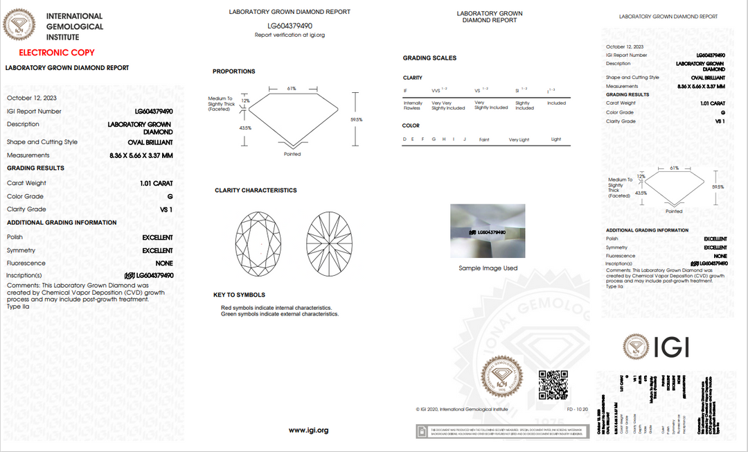 IGI CERTIFIED 1.01 CT OVAL LAB-GROWN DIAMOND, VS1 CLARITY