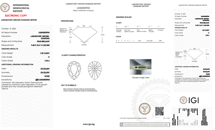 IGI CERTIFIED 1.00 CT PEAR-SHAPED LAB GROWN DIAMOND | VVS2 CLARITY | H COLOR