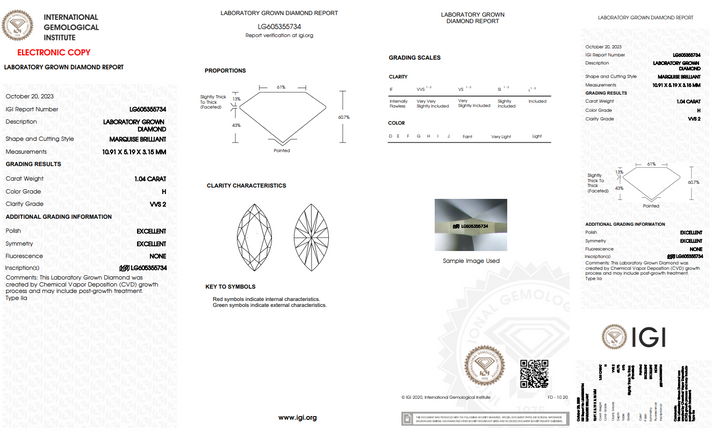 IGI CERTIFIED 1.04 CT MARQUISE LAB GROWN DIAMOND, VVS2 CLARITY, H COLOR