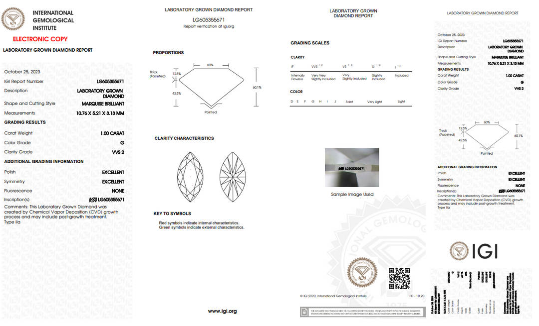 IGI CERTIFIED 1.00 CT MARQUISE LAB-GROWN DIAMOND, VVS2, G COLOR