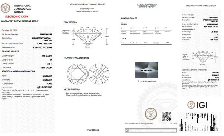 IGI CERTIFIED 1.02 CT ROUND LAB GROWN DIAMOND - VVS1 D