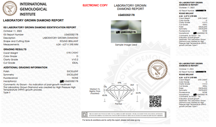 IGI CERTIFIED 0.95 CT ROUND LAB GROWN DIAMOND, VVS2 CLARITY