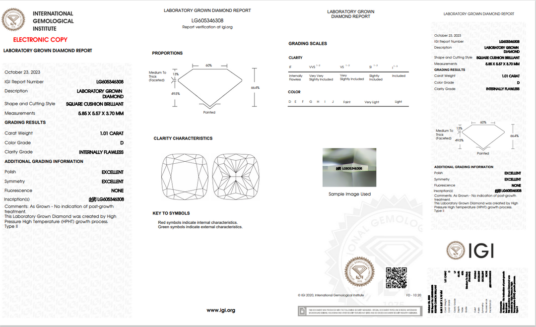 IGI CERTIFIED 1.01 CT CUSHION CUT LAB GROWN DIAMOND - INTERNALLY FLAWLESS - D COLOR