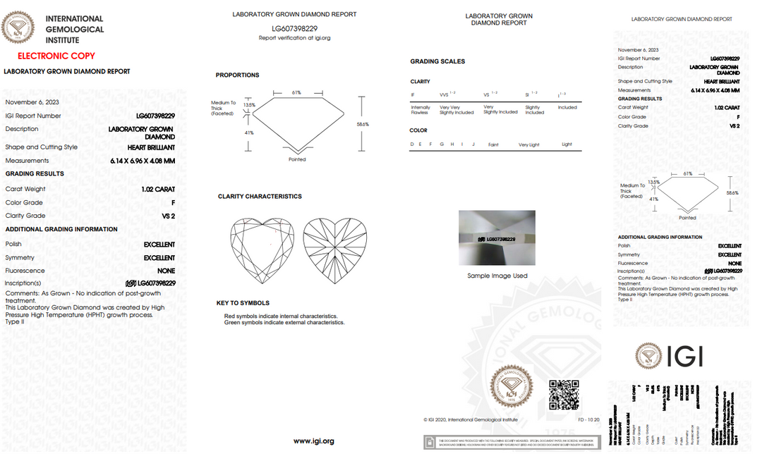 IGI CERTIFIED 1.02 CT HEART-SHAPED LAB GROWN DIAMOND - VS2 CLARITY - F COLOR