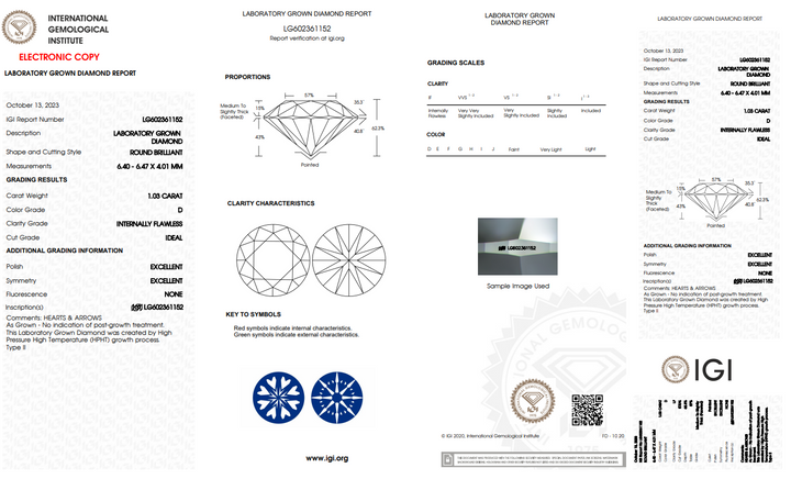 IGI CERTIFIED 1.03 CT ROUND LAB-GROWN DIAMOND, FLAWLESS (IF)