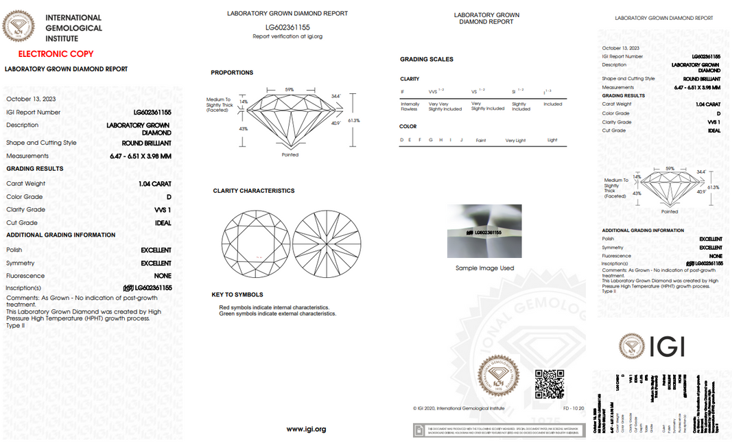 1.04 CT ROUND LAB-GROWN DIAMOND, VVS1 CLARITY, D COLOR, IGI LAB CERTIFIED