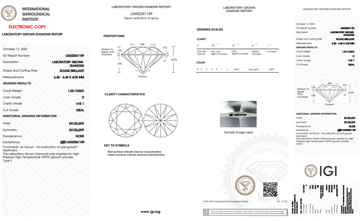 IGI CERTIFIED 1.03 CT ROUND LAB-GROWN DIAMOND (VVS1/D)