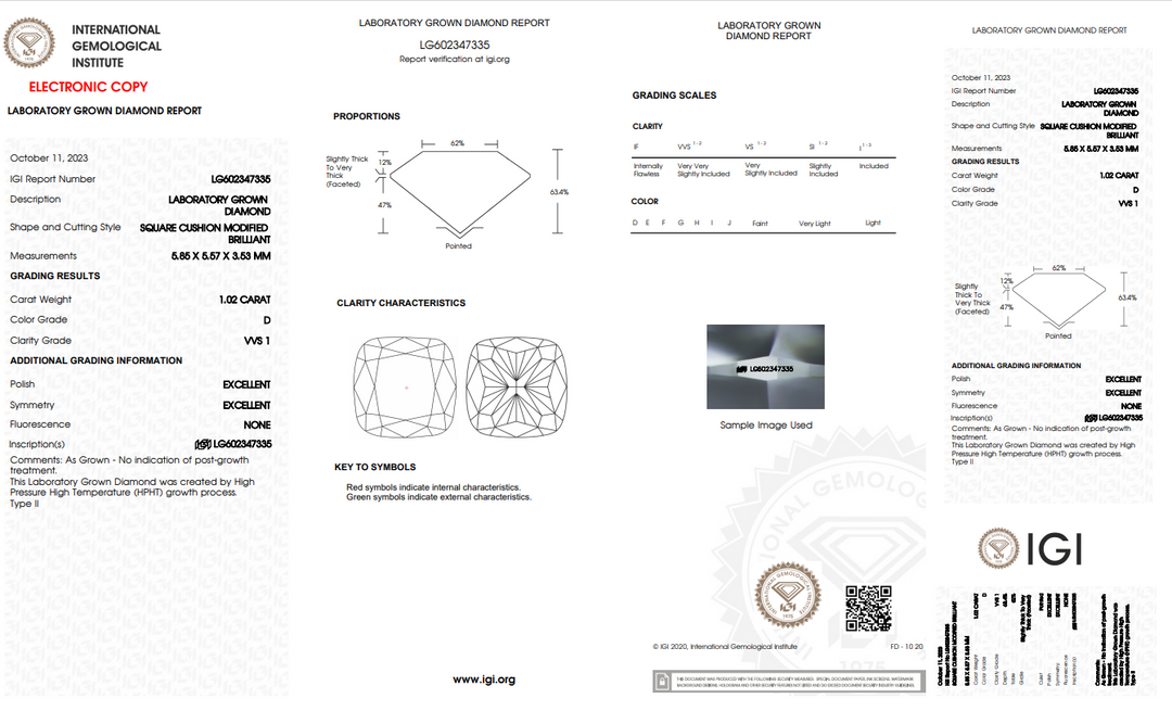 IGI CERTIFIED 1.02 CT CUSHION CUT LAB-GROWN DIAMOND - VVS1/D COLOR