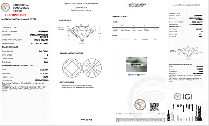 DIAMANTE REDONDO CRECIDO EN LABORATORIO DE 1,05 CT CON CLARIDAD VVS1