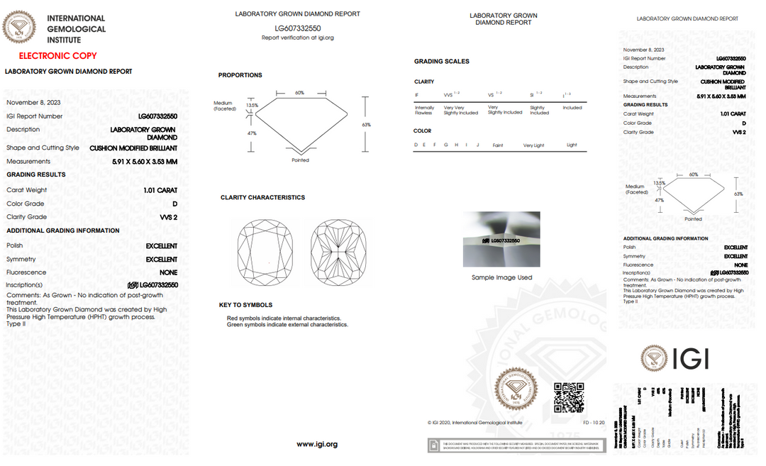 IGI CERTIFIED 1.01 CT CUSHION CUT LAB-GROWN DIAMOND - VVS2/D COLOR