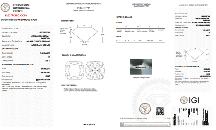 IGI CERTIFIED 1.03 CT CUSHION CUT LAB-GROWN DIAMOND - VVS1/D COLOR