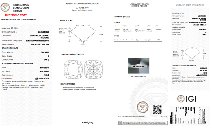 IGI CERTIFIED 1.02 CT CUSHION CUT LAB-GROWN DIAMOND - VVS2/D COLOR