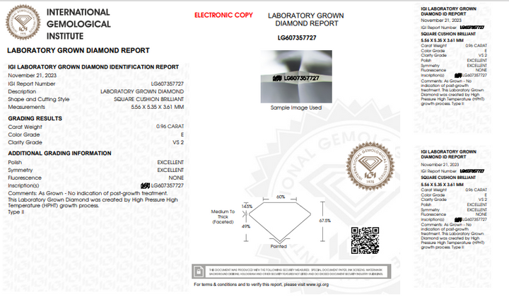 IGI CERTIFIED 0.96 CT CUSHION CUT LAB-GROWN DIAMOND | VS2 CLARITY | E COLOR