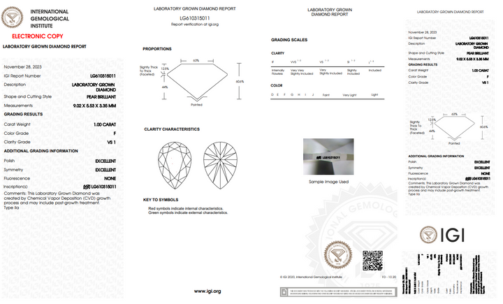 IGI CERTIFIED 1.00 CT PEAR-SHAPED LAB GROWN DIAMOND, VS1 CLARITY, F COLOR