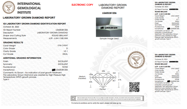 IGI CERTIFIED 0.96 CT ROUND LAB-GROWN DIAMOND, VS1 CLARITY