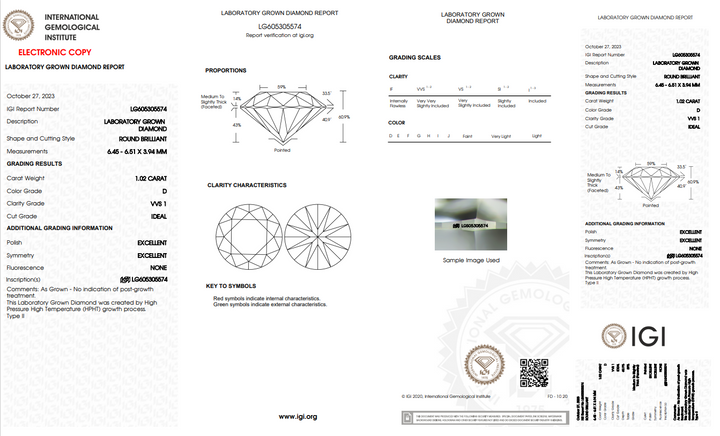 DIAMANT ROND DE LABORATOIRE DE 1,02 CT CERTIFIÉ IGI | VVS1 | COULEUR