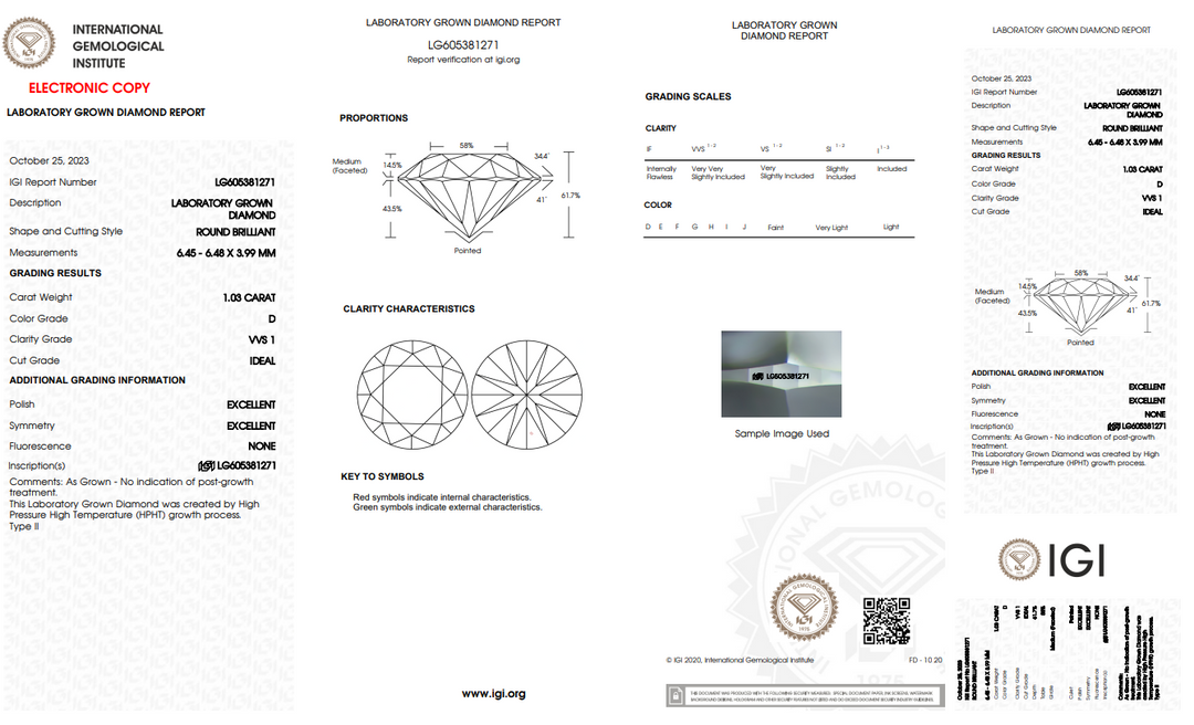 IGI CERTIFIED 1.03 CT ROUND LAB-GROWN DIAMOND | VVS1 | D