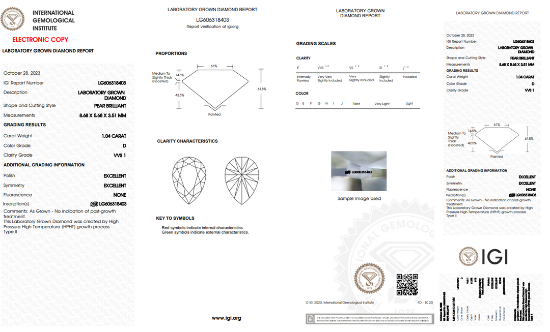 DIAMANT DE LABORATOIRE EN FORME DE POIRE DE 1,04 CT CERTIFIÉ IGI, CLARTÉ VVS1, COULEUR D