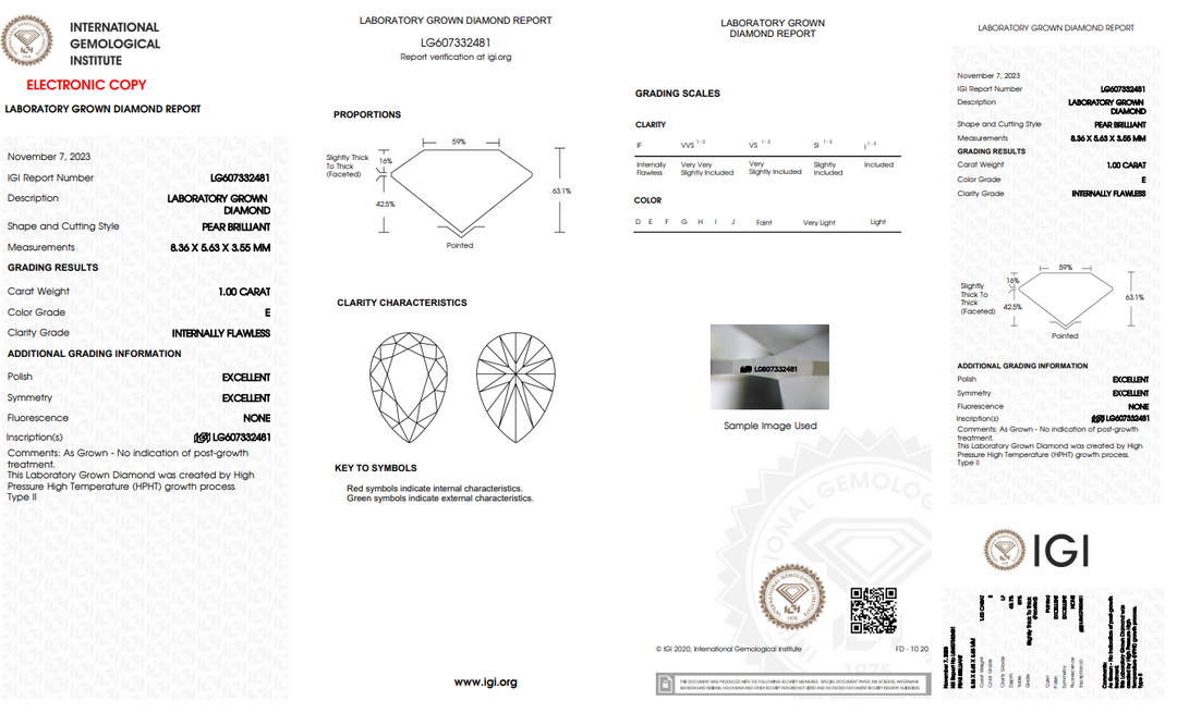 IGI CERTIFIED 1.00 CT PEAR-SHAPED LAB-GROWN DIAMOND - INTERNALLY FLAWLESS (IF) - E COLOR