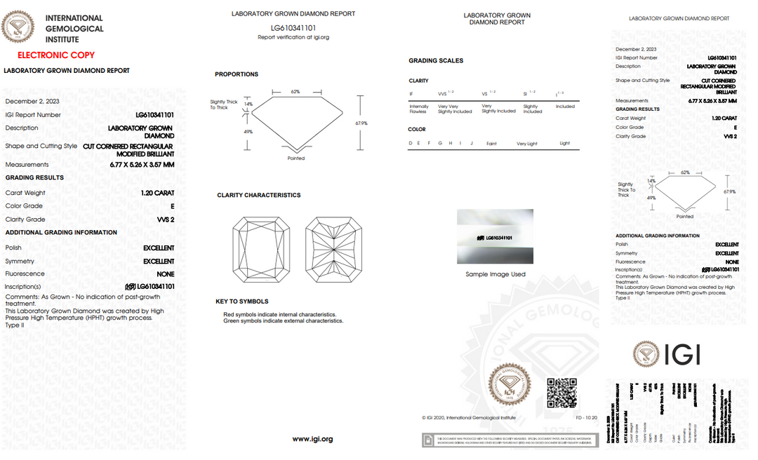 IGI CERTIFIED 1.20 CT RADIANT CUT LAB-GROWN DIAMOND, VVS2 CLARITY, E COLOR