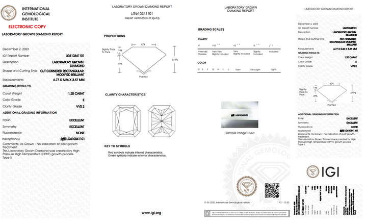 IGI CERTIFIED 1.20 CT RADIANT CUT LAB-GROWN DIAMOND, VVS2 CLARITY, E COLOR