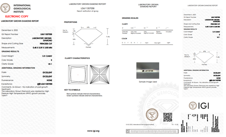 IGI CERTIFIED 1.01 CT PRINCESS CUT LAB-GROWN DIAMOND | VS1 CLARITY | E COLOR