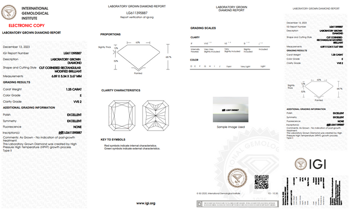 IGI CERTIFIED 1.25 CT RADIANT CUT LAB-GROWN DIAMOND, VVS2 CLARITY, E COLOR