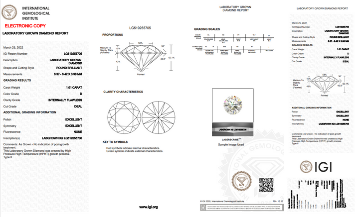 IGI CERTIFIED 1.01 CT ROUND LAB-GROWN DIAMOND, INTERNALLY FLAWLESS (IF)