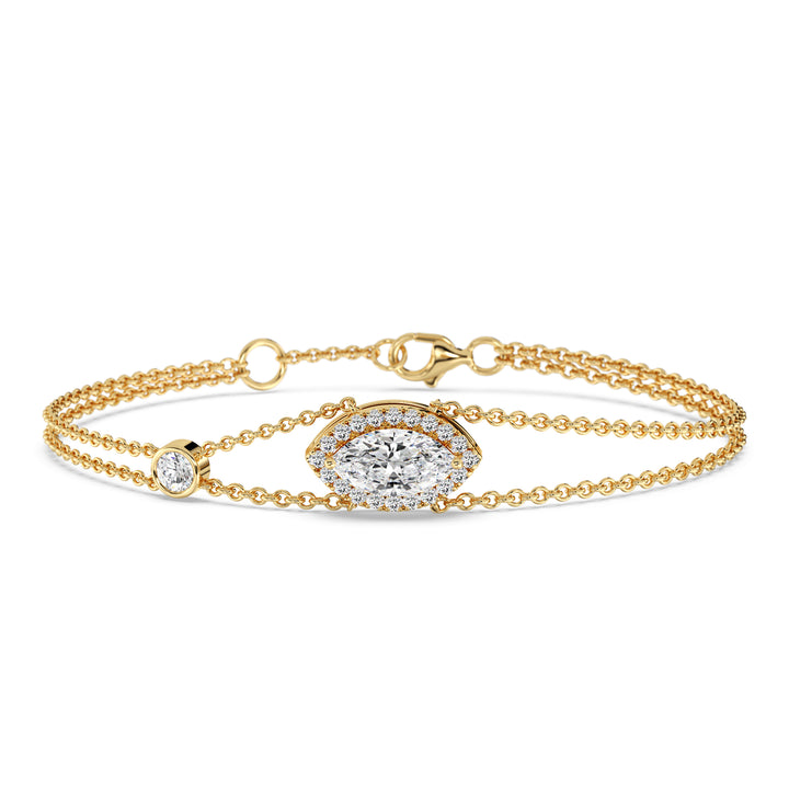 Double Chain 18K Solid Gold Bracelet with 1ct Marquise-Cut Lab-Grown Diamond in Halo Setting, 20 Round EF/VS Lab Diamonds, Yellow Gold Tone