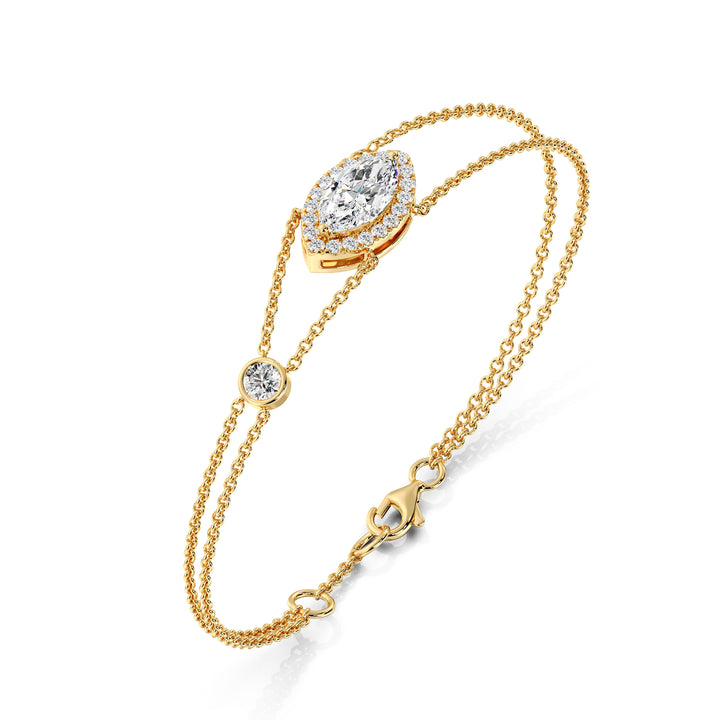 Double Chain 18K Solid Gold Bracelet with 1ct Marquise-Cut Lab-Grown Diamond in Halo Setting, 20 Round EF/VS Lab Diamonds, Yellow Gold Tone