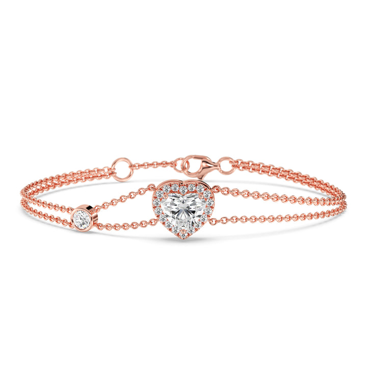 Double Chain Bracelet in 18K Rose Gold with a Heart-Cut Lab-Grown Diamond in Halo Setting, featuring a 1ct center stone and 19 round EF/VS lab diamonds