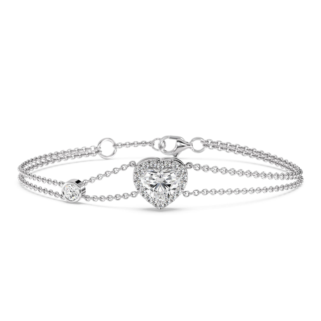 Double Chain Bracelet in 18K White Gold with a Heart-Cut Lab-Grown Diamond in Halo Setting, featuring a 1ct center stone and 19 round EF/VS lab diamonds