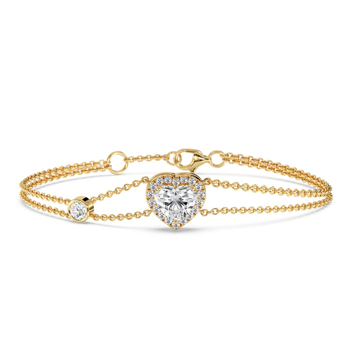 Double Chain Bracelet in 18K Yellow Gold with a Heart-Cut Lab-Grown Diamond in Halo Setting, featuring a 1ct center stone and 19 round EF/VS lab diamonds