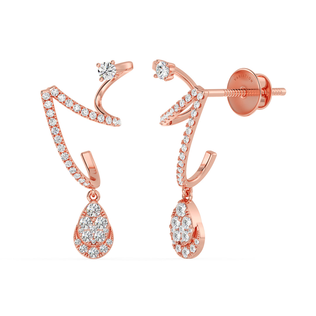 Elegant 18K Rose Gold Lab-Grown Diamond Drop Earrings with 76 Round Cut Diamonds, 0.78ct Total Weight