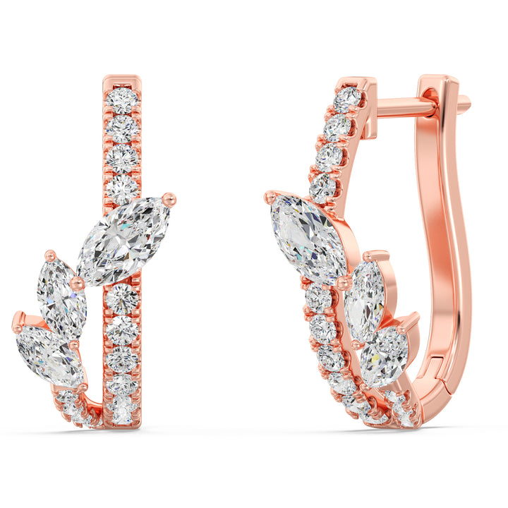 Elegant 18KT Rose Gold Twist Hoop Earrings adorned with Marquise-Cut and Round Lab-Grown Diamonds, featuring 34 diamonds totaling 1.148ct