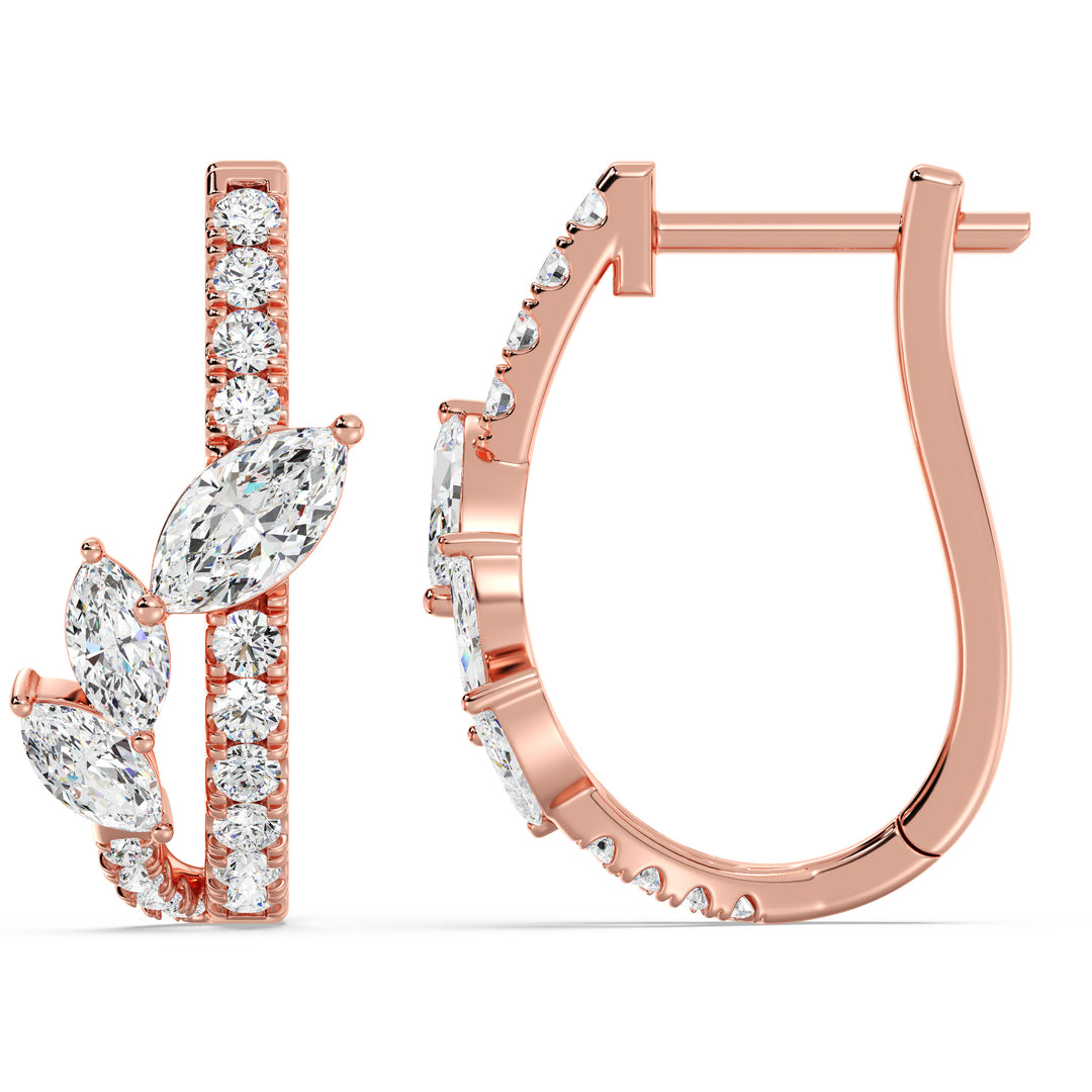 Elegant 18KT Rose Gold Twist Hoop Earrings adorned with Marquise-Cut and Round Lab-Grown Diamonds, featuring 34 diamonds totaling 1.148ct