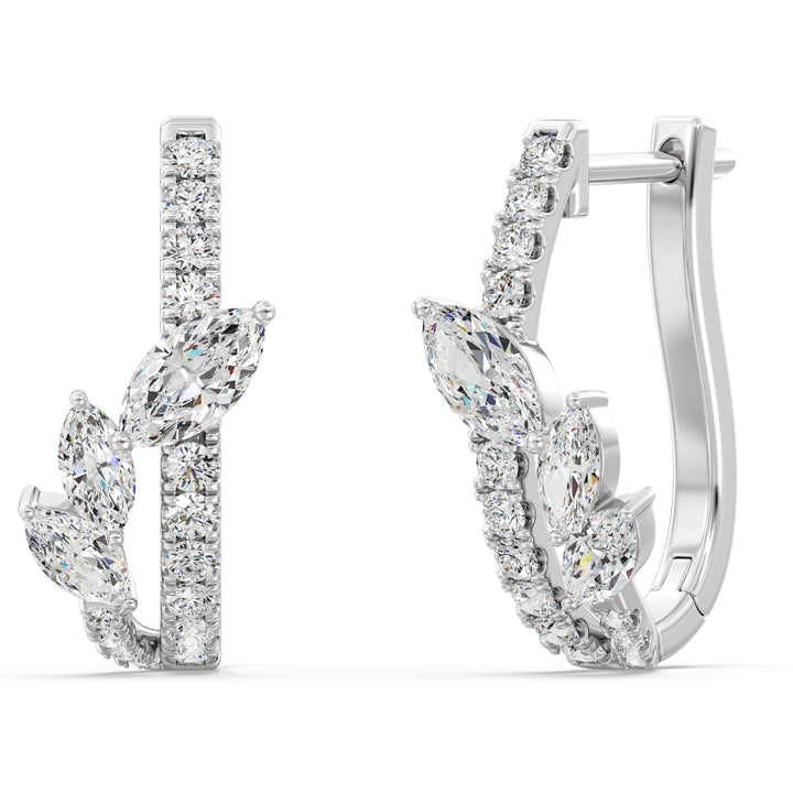 Elegant 18KT White Gold Twist Hoop Earrings adorned with Marquise-Cut and Round Lab-Grown Diamonds, featuring 34 diamonds totaling 1.148ct