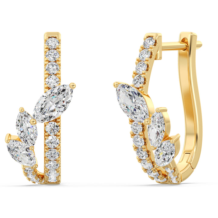 Elegant 18KT Yellow Gold Twist Hoop Earrings adorned with Marquise-Cut and Round Lab-Grown Diamonds, featuring 34 diamonds totaling 1.148ct