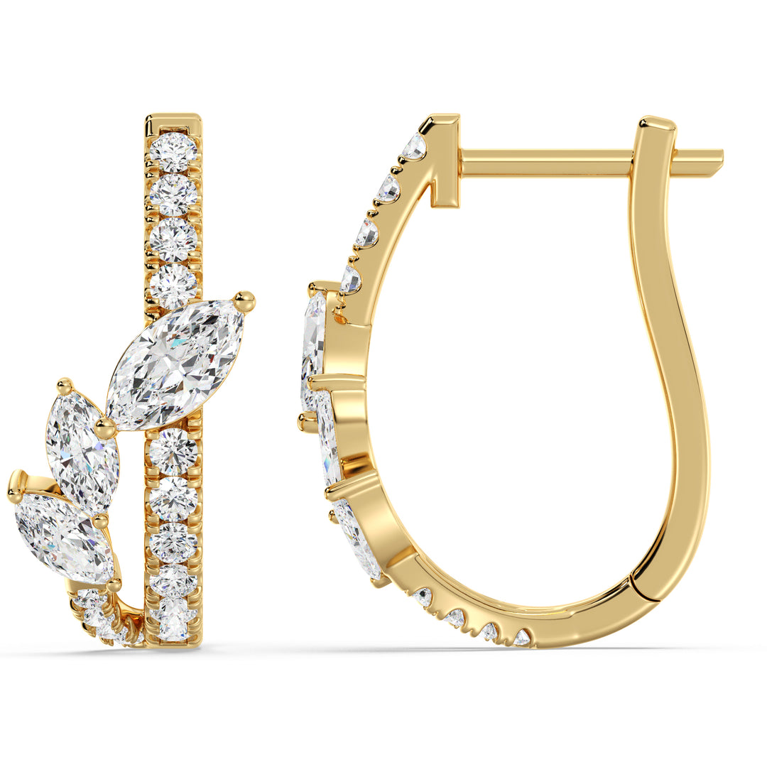 Elegant 18KT Yellow Gold Twist Hoop Earrings adorned with Marquise-Cut and Round Lab-Grown Diamonds, featuring 34 diamonds totaling 1.148ct