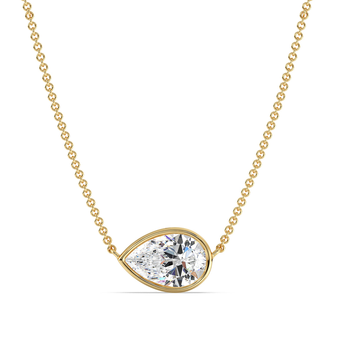 Elegant 2 Carat Lab-Grown Pear-Cut Diamond Bezel-Set Solitaire Pendant Necklace in 18K Yellow Gold, showcasing a radiant E/VS pear-cut diamond in a smooth bezel setting.