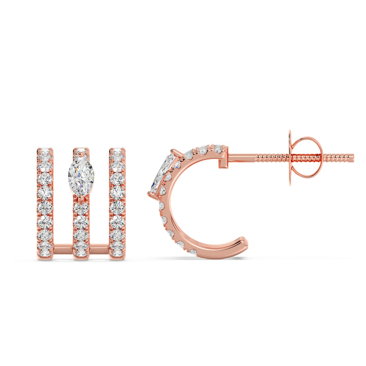 Elegant 3-Line Half Hoop Earrings in 18KT Rose Gold with Lab-Grown Diamonds, featuring round and marquise-cut stones totaling 0.68 carats