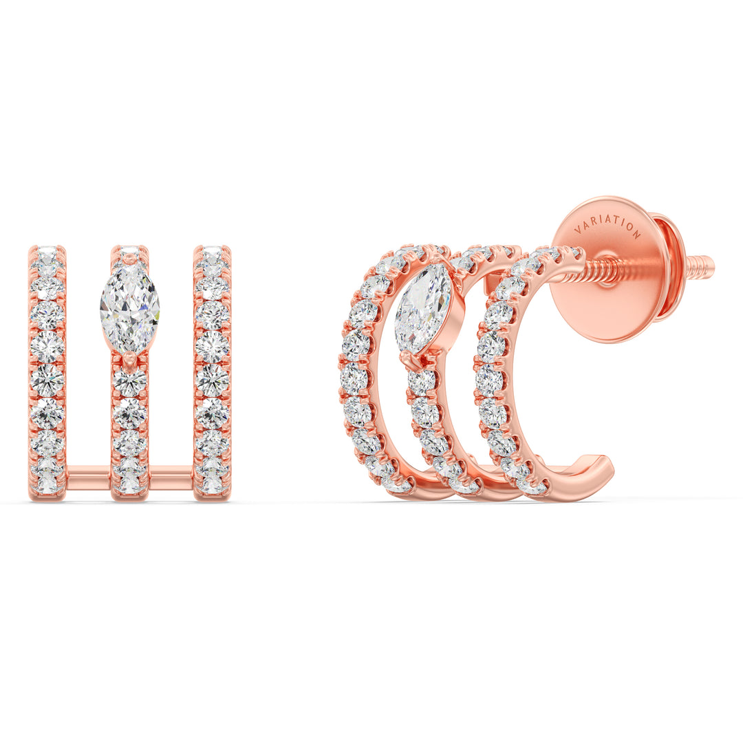 Elegant 3-Line Half Hoop Earrings in 18KT Rose Gold with Lab-Grown Diamonds, featuring round and marquise-cut stones totaling 0.68 carats