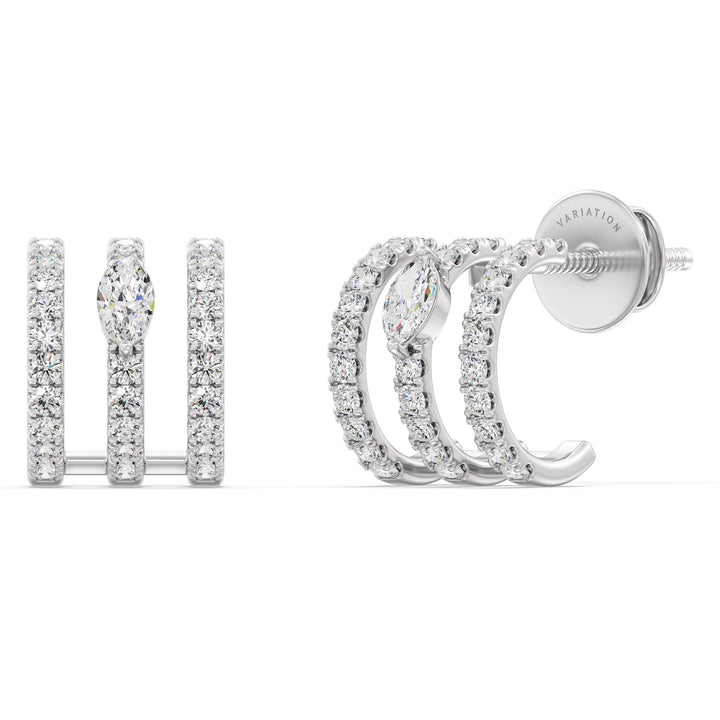 Elegant 3-Line Half Hoop Earrings in 18KT White Gold with Lab-Grown Diamonds, featuring round and marquise-cut stones totaling 0.68 carats